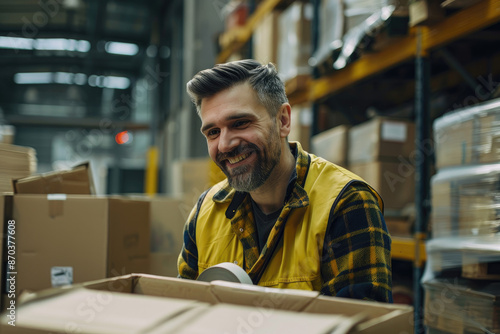 Smiling warehouse worker with a tape gun in a graveyard, a man in a yellow vest packaging cartons in a box at a factory background