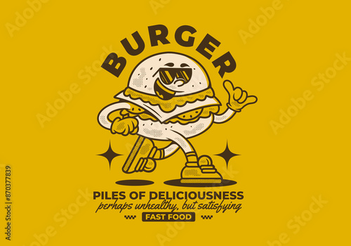 Burger, pile of deliciousness. Retro mascot character illustration of burger in running pose