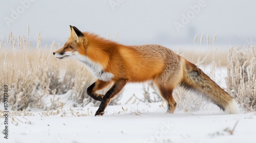 A red fox darts across the snowy landscape, its bright coat a stark contrast against the white background. © peerawat