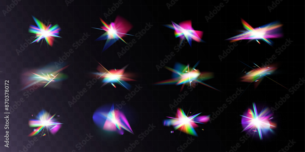 Crystal rainbow light reflection effect. Colorful clear iridescent lenses.
Crystal rainbow light reflection effect. Colorful clear iridescent lenses.