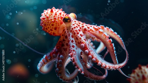 A close-up of a Strawberry Squid, its bright red and white body highlighted against a deep blue background photo