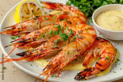 Wallpaper Mural Grilled shrimps or prawns served with lemon  garlic and sauce. Seafood. Top view. Torontodigital.ca