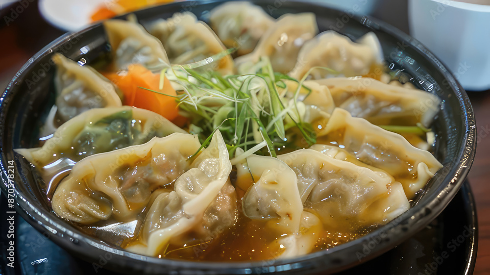 Steaming hot bowl of delicious dumplings, a staple Asian cuisine dish. Perfect for food blogs and menus. Steaming hot bowl of delicious dumplings, a staple Asian cuisine dish. Perfect for food blogs and menus.