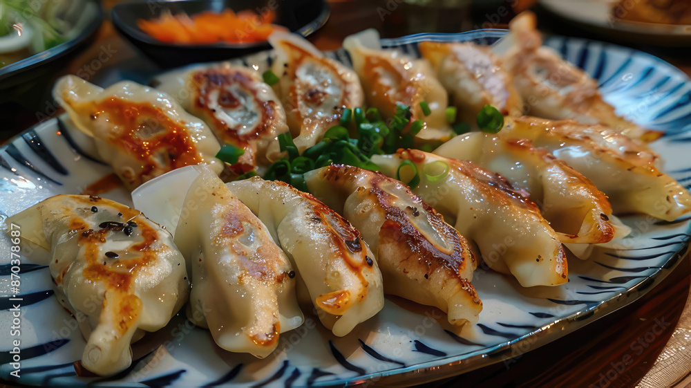Close-up of delicious crispy fried gyoza dumplings served on a plate in a Japanese restaurant. Popular Asian cuisine or street food. Close-up of delicious crispy fried gyoza dumplings served on a plate in a Japanese restaurant. Popular Asian cuisine or street food.