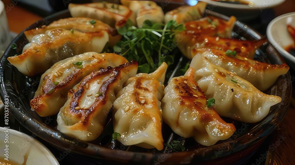 Close up of crispy, pan-fried dumplings, gyoza, or pot stickers served on a plate. Concept of Asian food, Chinese food, Japanese food, delicious cuisine, appetizer Close up of crispy, pan-fried dumplings, gyoza, or pot stickers served on a plate. Concept of Asian food, Chinese food, Japanese food, delicious cuisine, appetizer
