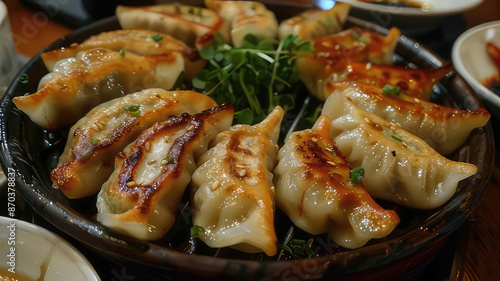 Close up of crispy, pan-fried dumplings, gyoza, or pot stickers served on a plate. Concept of Asian food, Chinese food, Japanese food, delicious cuisine, appetizer photo