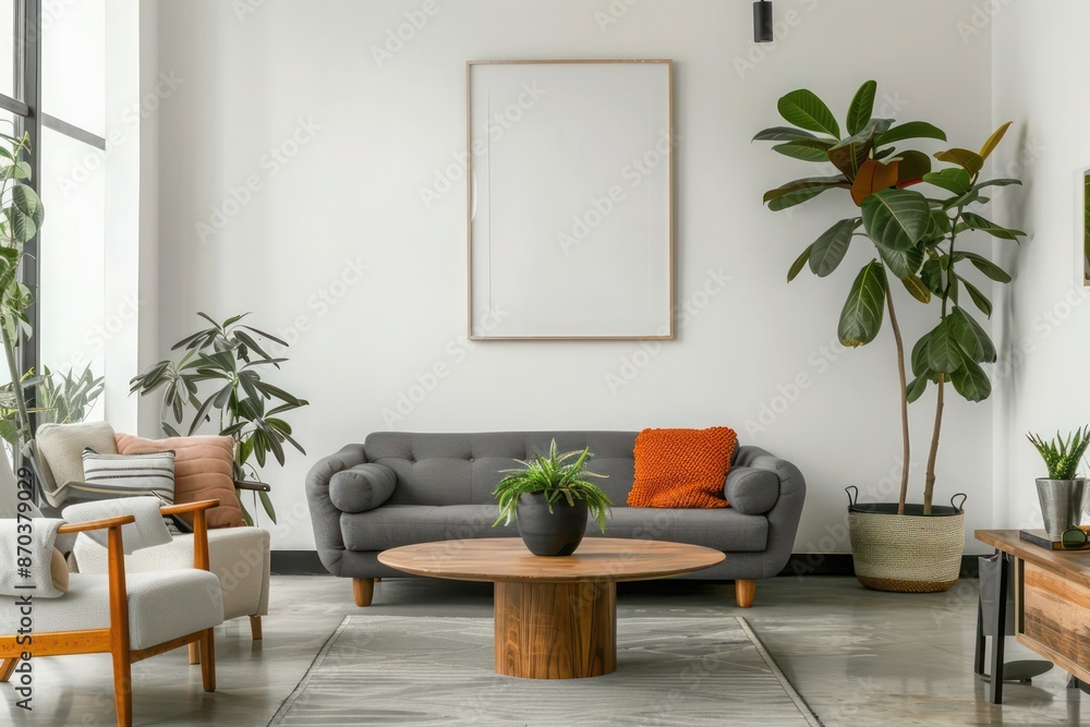 Round Wooden Accent Coffee Table Near Sofas and Armchair Against White Wall with Poster Frame in Modern Living Room. Round Wooden Accent Coffee Table Near Sofas and Armchair Against White Wall with Poster Frame in Modern Living Room.