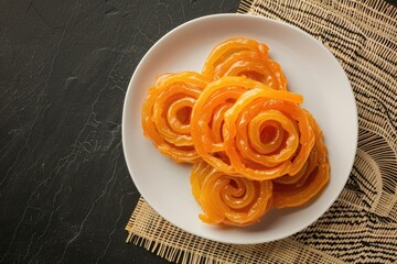Top view of Jalebi on plate  Indian dessert.