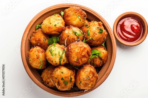 Onion pakode Spicy Indian snacks in terracotta bowl