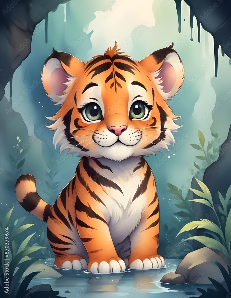 Cute little tiger cartoon in watercolor style Cute little tiger cartoon in watercolor style