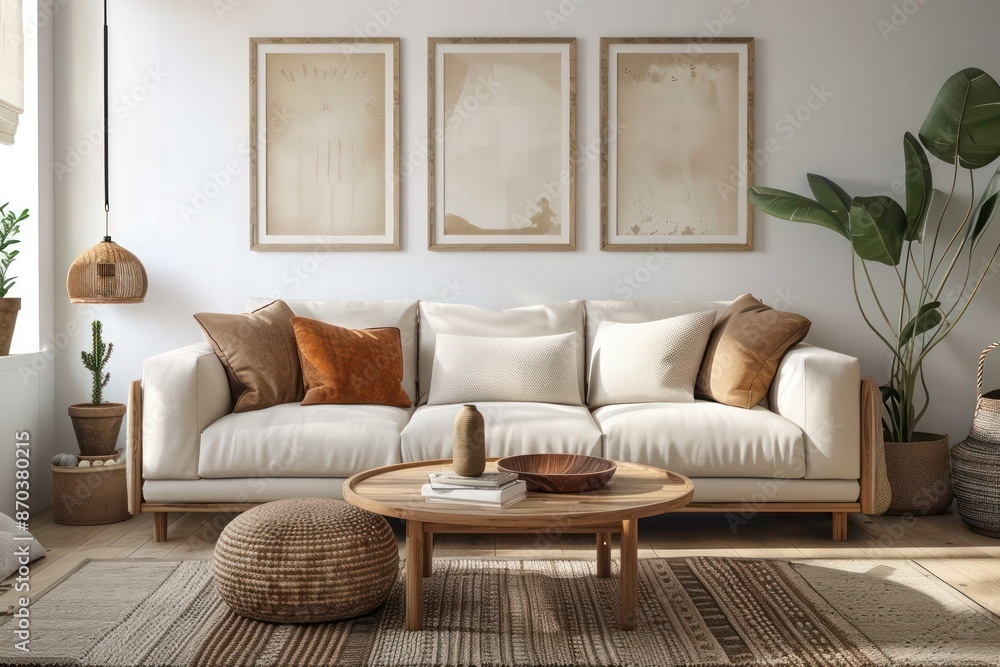 Stylish Modern Living Room: Scandinavian Design with Round Wooden Coffee Table Near Beige Sofas Against White Wall with Posters Stylish Modern Living Room: Scandinavian Design with Round Wooden Coffee Table Near Beige Sofas Against White Wall with Posters
