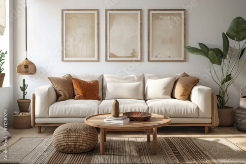 Wallpaper Mural Stylish Modern Living Room: Scandinavian Design with Round Wooden Coffee Table Near Beige Sofas Against White Wall with Posters Torontodigital.ca