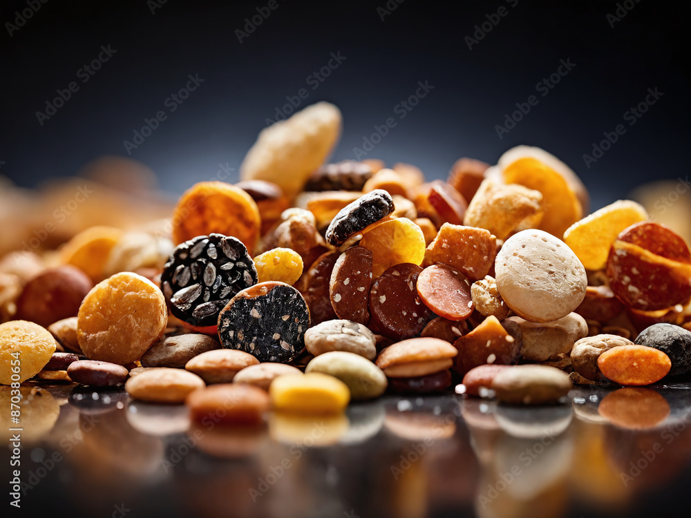 Macro view of an assortment of dog food pieces, including triangular cylindrical and multi-coloured pieces Macro view of an assortment of dog food pieces, including triangular cylindrical and multi-coloured pieces