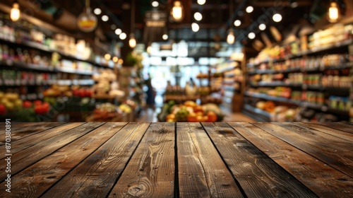wooden counter product display with blurred perspective background of shelf grocery store at super market.