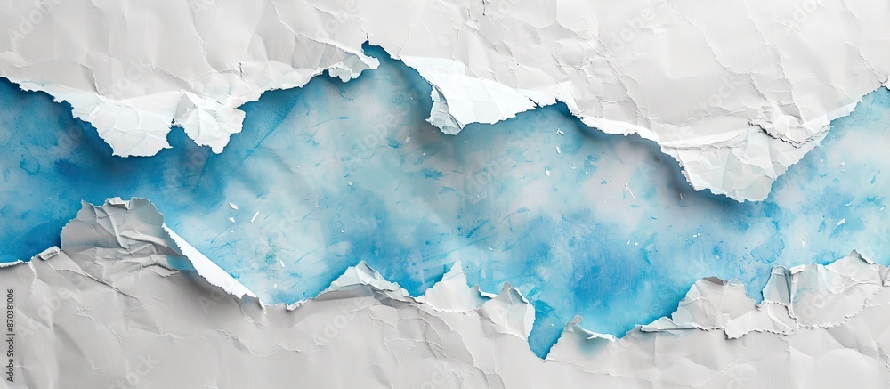 A torn blue sky paper atop white and grey backgrounds, ideal for a bank copy space image. A torn blue sky paper atop white and grey backgrounds, ideal for a bank copy space image.