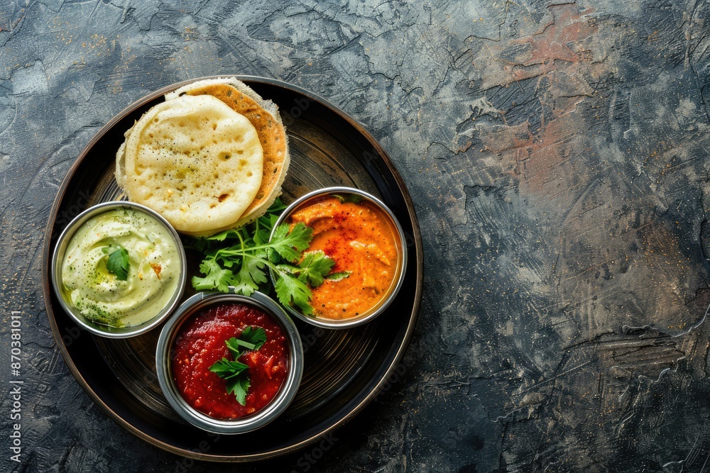 Traditional Indian rice pancakes Dosa with chutney on metal plate. Traditional Indian rice pancakes Dosa with chutney on metal plate.