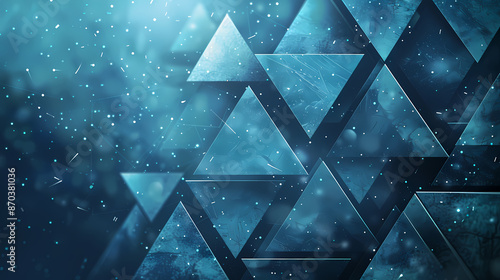 Abstract blue geometric shapes with triangles and light particles creating a futuristic vibe