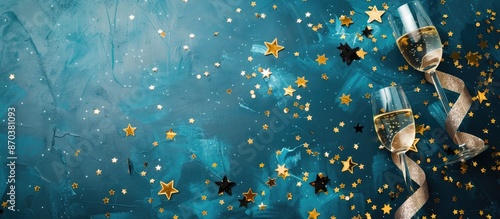 Celebrate with flair: top-down photo of party props like stars, champagne glass on black paper against a blue backdrop with plenty of copy space image.