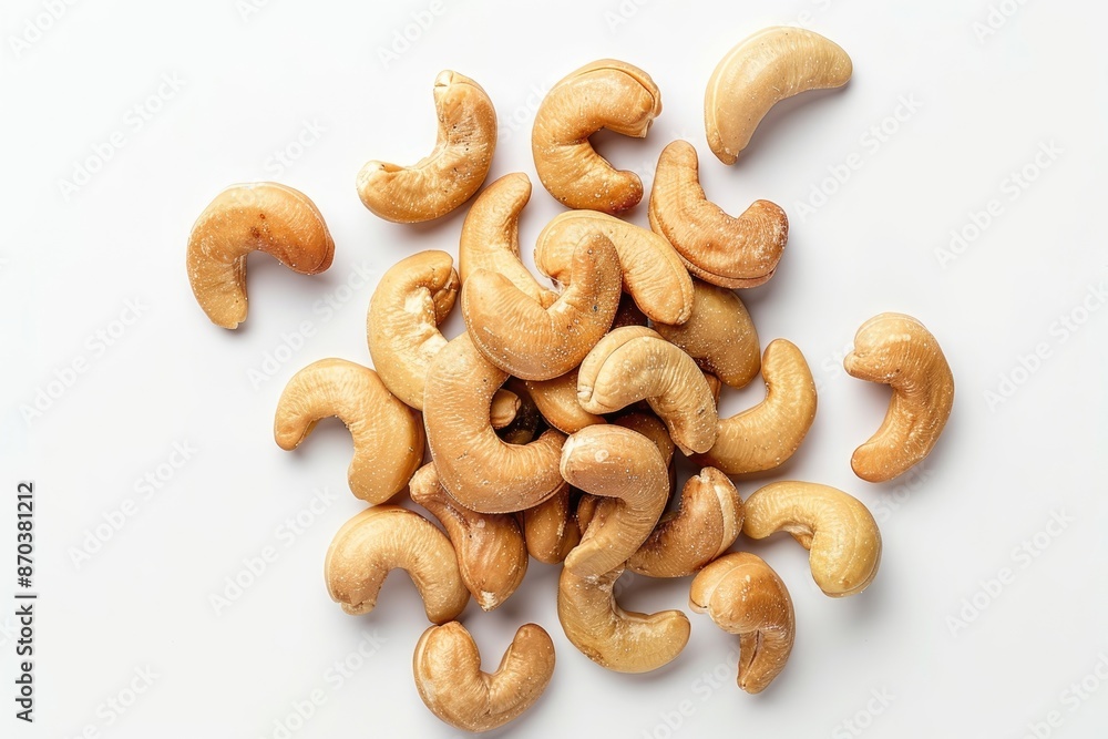 Unshelled roasted and salted cashew nuts isolated on white background top view Unshelled roasted and salted cashew nuts isolated on white background top view