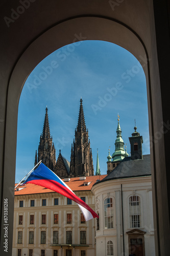 The flag of the Czech Republic against the the sky in Prague Castle, view fro...