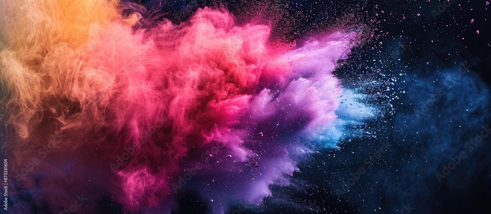 Fototapeta premium Colorful powder exploding against a black background creates an abstract and vibrant image with copy space.