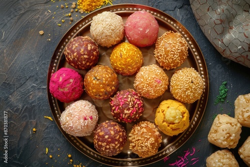 variety of ladoo in a plate top view  motichoor   besan  gond ke ladoo is Indian Festive Sweet photo