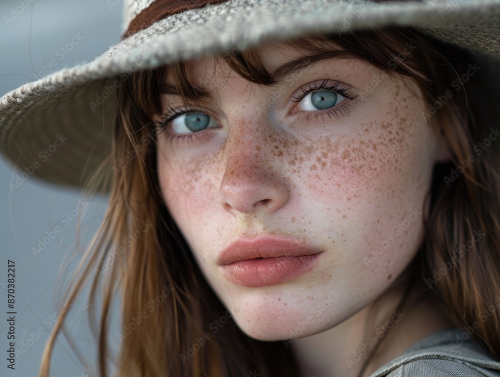 A woman with blue eyes and red hair is wearing a straw hat. She has a rosy complexion and a pink lip A woman with blue eyes and red hair is wearing a straw hat. She has a rosy complexion and a pink lip