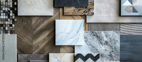 A catalog showcasing luxury vinyl floor tiles and designer textures featuring a new interior design for a residence or flooring, providing a copy space image.