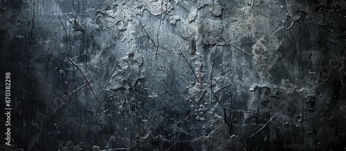 Dark and eerie wall with a multitude of scratches, providing a grungy cement texture for backgrounds and featuring a spooky ambiance with a lack of light source; suitable for use as a copy space