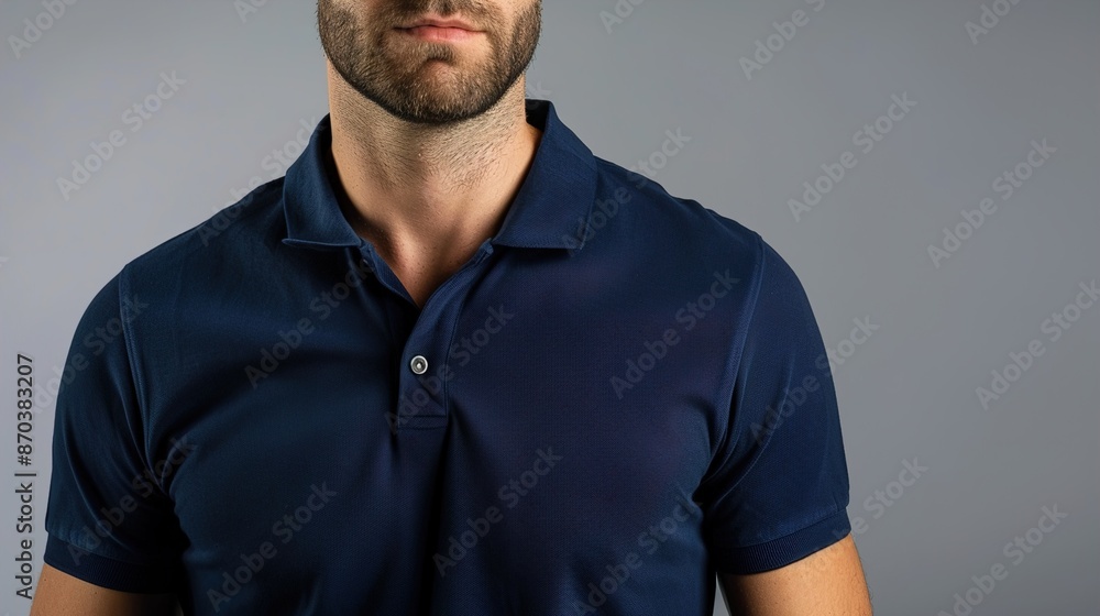 A man modeling a navy blue polo shirt, against a solid gray background. A man modeling a navy blue polo shirt, against a solid gray background.