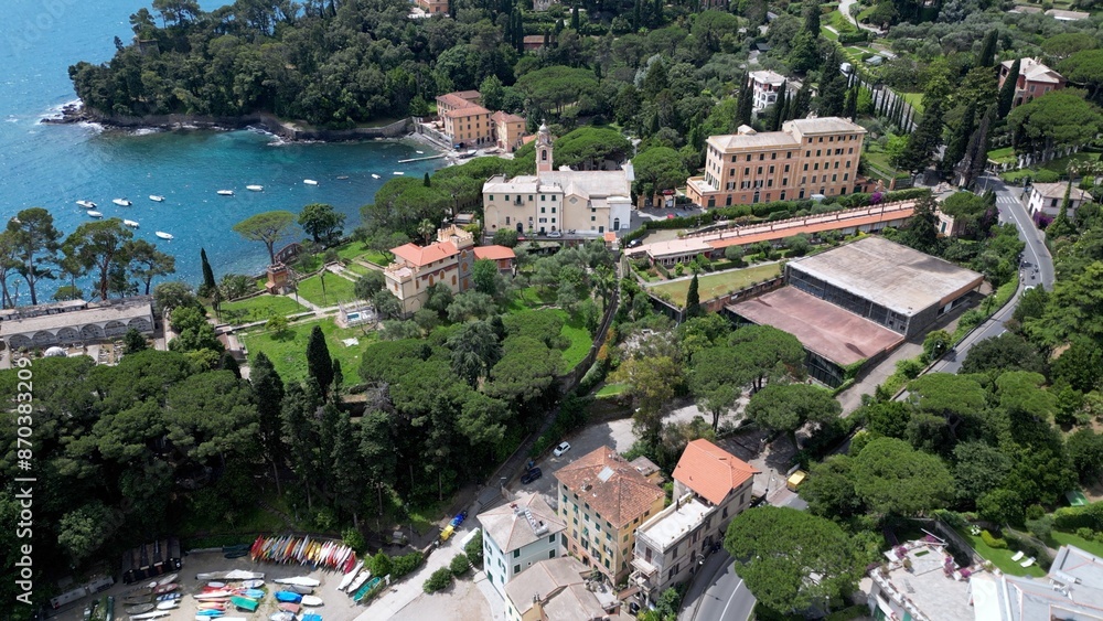 Italy , Liguria , Rapallo , drone aerial view of San Michele di Pagana Beach close to Santa Margherita and Portofino near Genoa . The amazing mediterranean costline in Tigullio gulf natural park