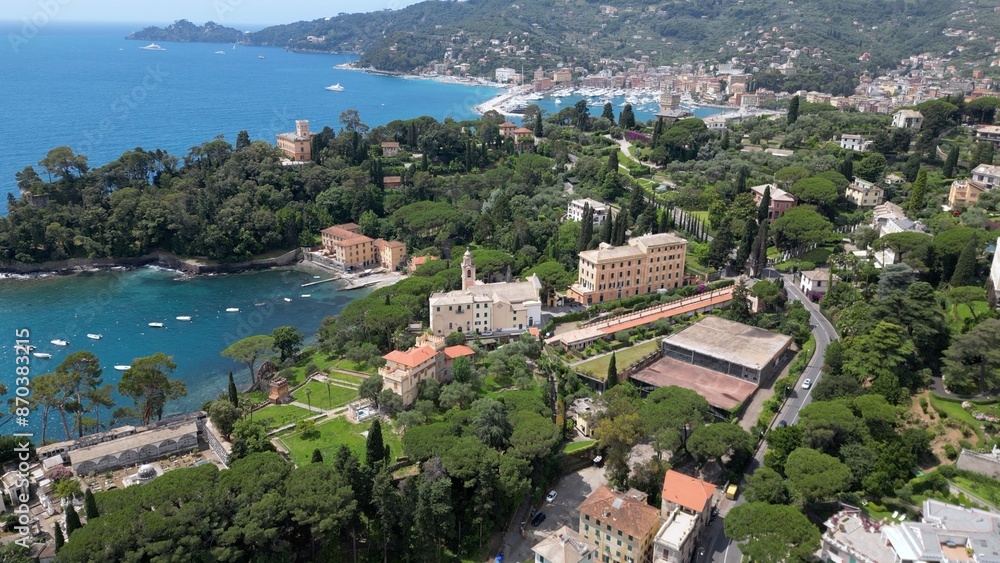 Italy , Liguria , Rapallo , drone aerial view of San Michele di Pagana Beach close to Santa Margherita and Portofino near Genoa . The amazing mediterranean costline in Tigullio gulf natural park