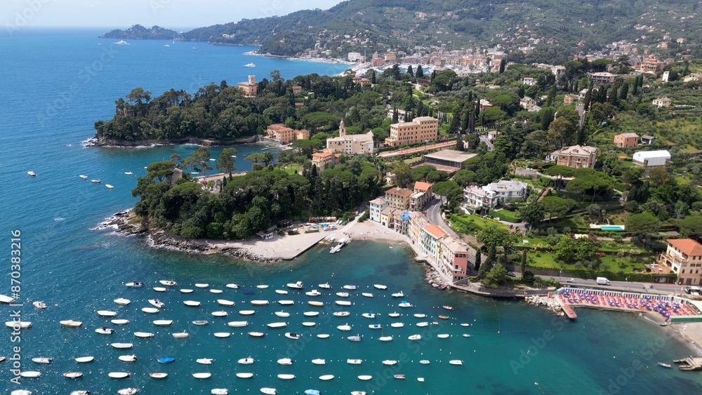 Italy , Liguria , Rapallo , drone aerial view of San Michele di Pagana Beach close to Santa Margherita and Portofino near Genoa . The amazing mediterranean costline in Tigullio gulf natural park