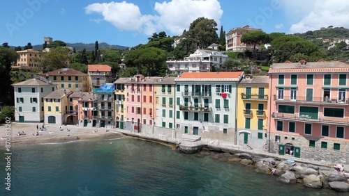 Obraz na płótnie Italy , Liguria , Rapallo , drone aerial view of San Michele di Pagana Beach close to Santa Margherita and Portofino near Genoa . The amazing mediterranean costline in Tigullio gulf natural park w salonie