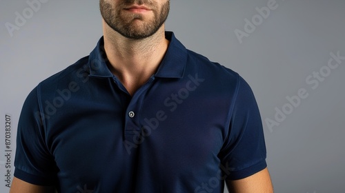 A man modeling a navy blue polo shirt, against a solid gray background.