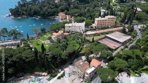 Obraz na płótnie Italy , Liguria , Rapallo , drone aerial view of San Michele di Pagana Beach close to Santa Margherita and Portofino near Genoa . The amazing mediterranean costline in Tigullio gulf natural park w salonie