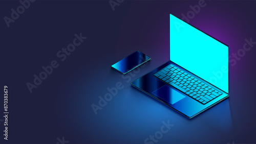 Laptop, phone on desk in dark with empty glowing screen. Isometric vector mockup laptop, smartphone on table. Mobile phone, notebook computer mock up with blank screen. Open laptop isometric view.