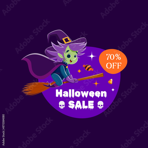Halloween sale frame and kawaii witch character flying on broom. isolated vector promotional tag features wicked hag riding her broomstick across a spooky sky, casting an enchanting shopping spell