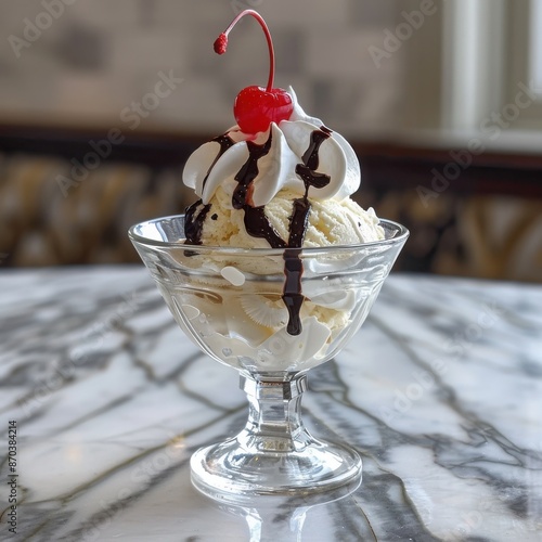 A scoop of vanilla ice cream drizzled with chocolate sauce and topped with whipped cream, served in a glass dessert bowl with a cherry on top, set on a marble table.