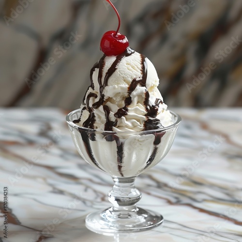 A scoop of vanilla ice cream drizzled with chocolate sauce and topped with whipped cream, served in a glass dessert bowl with a cherry on top, set on a marble table.