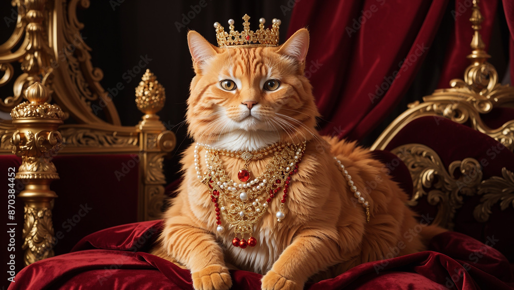 Fototapeta premium A ginger cat wearing a crown and jewelry, sits on a red velvet throne.