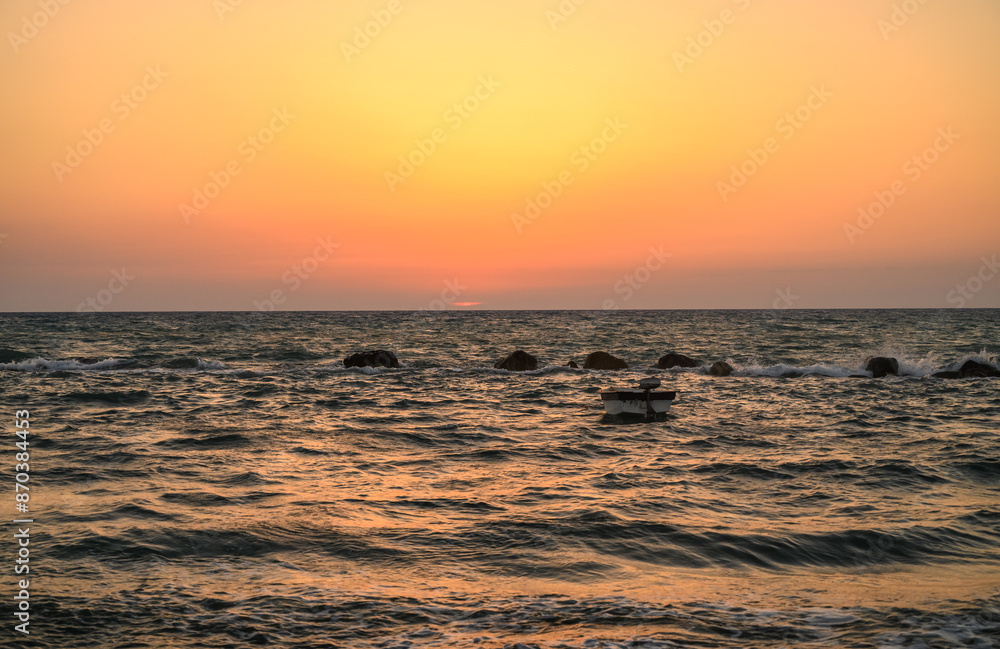Fishing boat in the sea . Sea evening time background Fishing boat in the sea . Sea evening time background