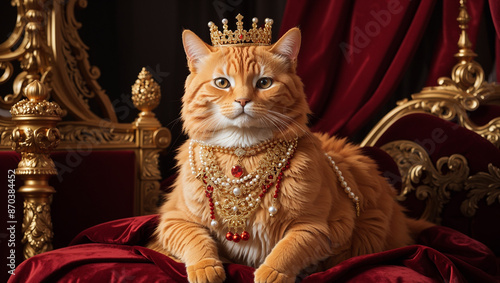 A ginger cat wearing a crown and jewelry, sits on a red velvet throne.