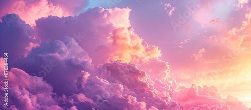 A breathtaking sunset scene featuring stunning pink-orange clouds, a vivid purple sky, and vibrant lighting, creating an inspiring concept with ample copy space for an ethereal postcard.