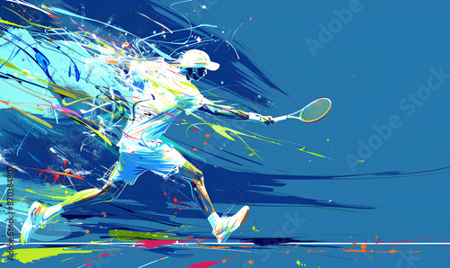  Tennis player in action, captured with dynamic lines and splashes of color on blue background,