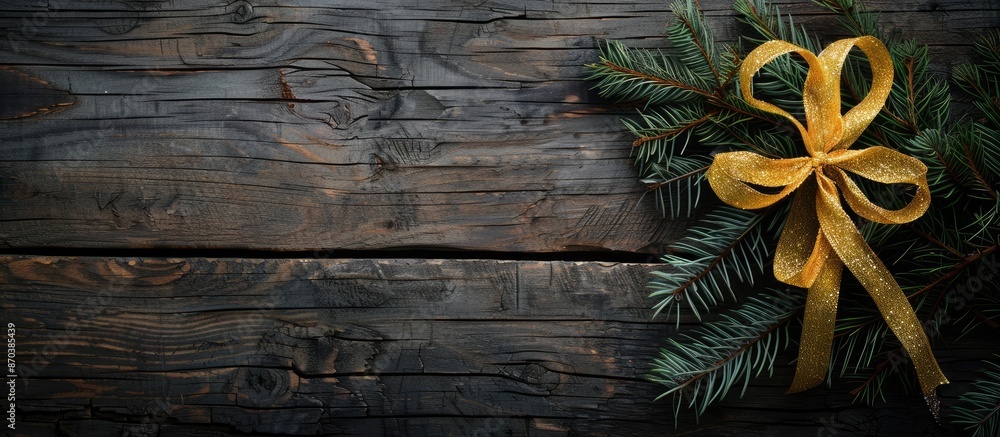 Fototapeta premium Wooden background adorned with a festive yellow ribbon for Christmas, featuring copy space image.