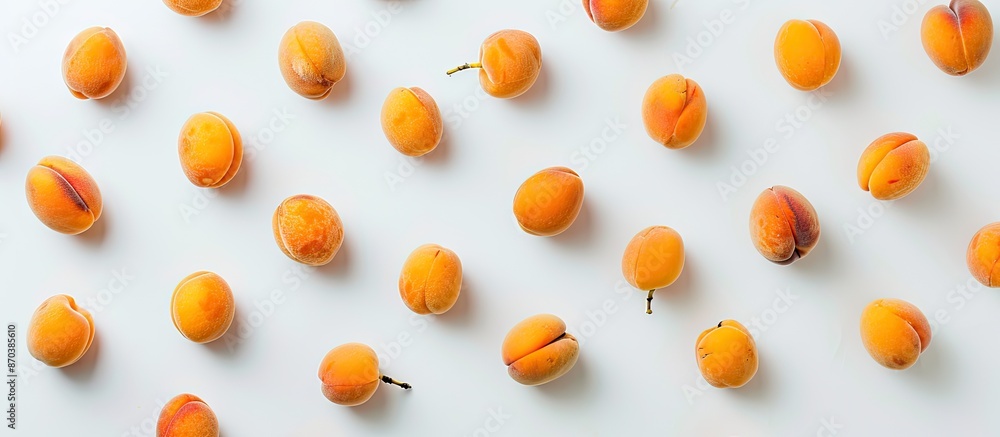 Top view of apricot fruits on white backdrop with available copy space image for text, arranged in a flat lay pattern. Top view of apricot fruits on white backdrop with available copy space image for text, arranged in a flat lay pattern.