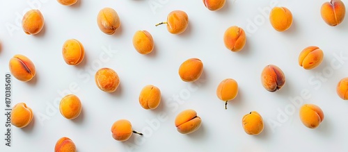 Top view of apricot fruits on white backdrop with available copy space image for text, arranged in a flat lay pattern. photo