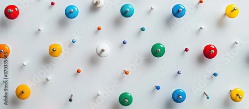 A variety of colorful push pins displayed on a blank white backdrop with copy space image.