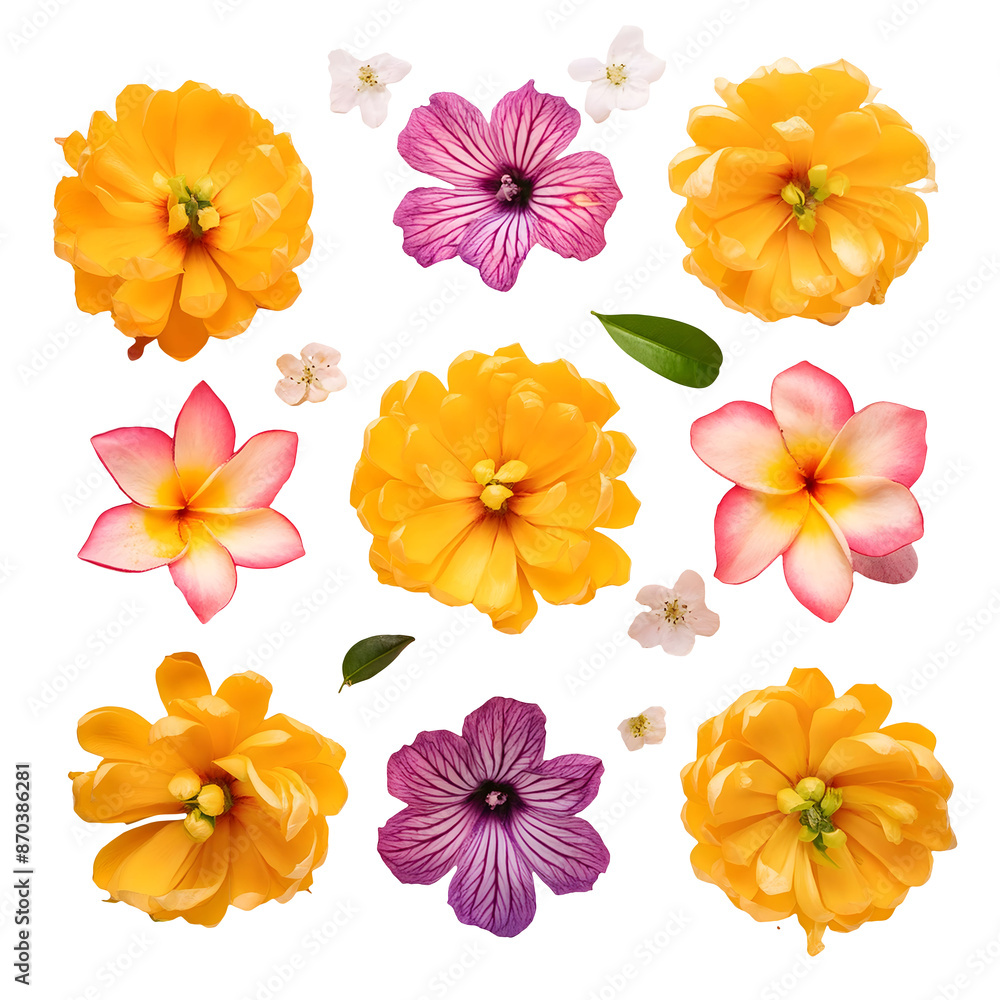 A Colorful Arrangement of Tropical Flowers on a White Background A Colorful Arrangement of Tropical Flowers on a White Background